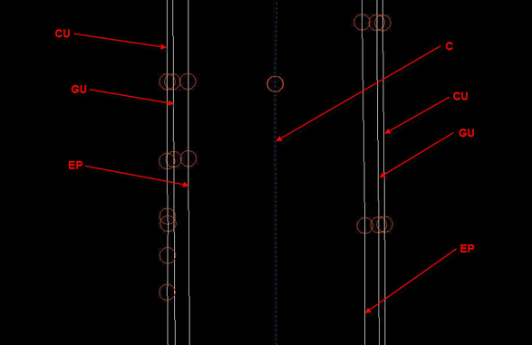 Roadway layout with curb, gutter, edge of pavement, and centerline feature codes labeled.