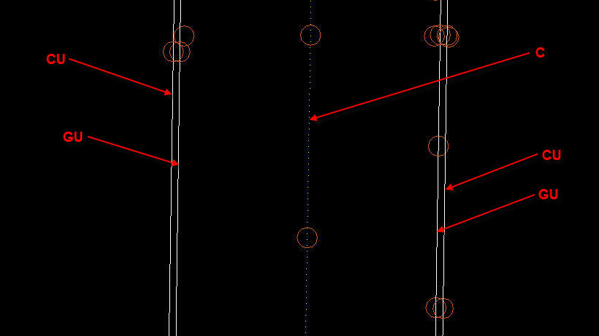 Plan view showing CU, GU, and C feature codes along integral curb and gutter.