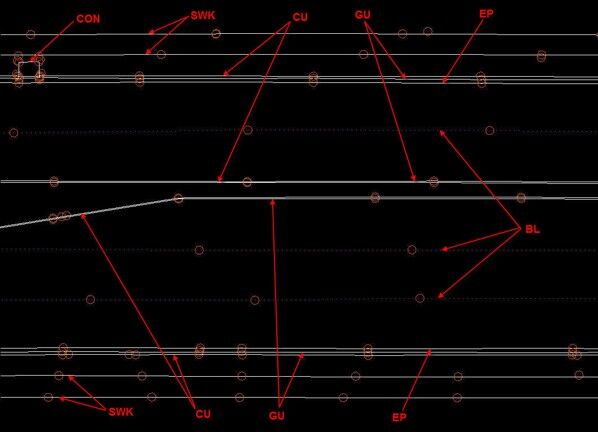 Multi‑lane roadway layout with feature codes CON, SWK, CU, GU, EP, and BL labeled.