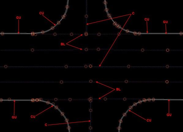 Intersection layout with curb, gutter, centerline, and breakline feature codes labeled.