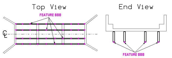 Top and end view diagrams showing low‑steel beam profile locations on a bridge.