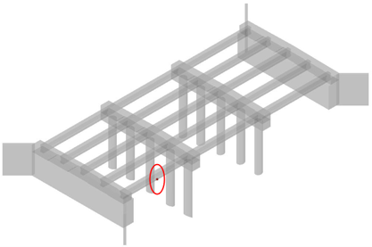 Underside of bridge showing a circled point at the lowest beam location.