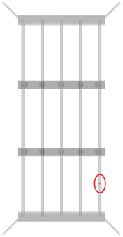 Beam layout with a circled point marking an example low‑steel shot.