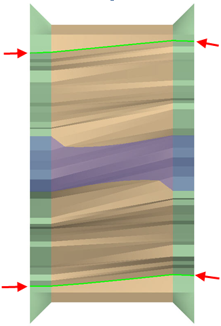 Top view showing red arrows highlighting stream bank boundary lines.