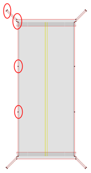 Top view showing circled outline points at corners, edges, and centerline.