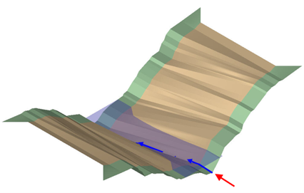 Terrain surface with blue arrows showing stream flow along the draw and red arrows marking the channel alignment.