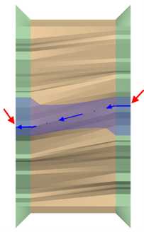 Top view showing drainage channel with blue flow arrows and red arrows marking the draw alignment.