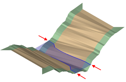 Terrain surface with red arrows highlighting the blue line marking the edge of water.