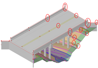 Bridge model showing multiple circled survey shot locations along the deck, edges, and substructure.
