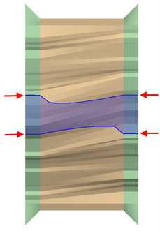 Top view showing the blue edge‑of‑water line with red arrows pointing to it. 