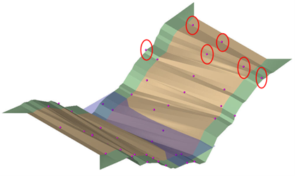 Terrain surface with scattered ground‑shot points and red circles marking several example locations.