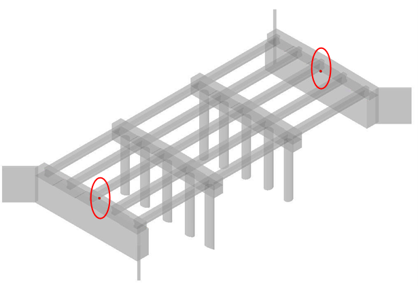 Bridge structure with circled points at the center top of each abutment.