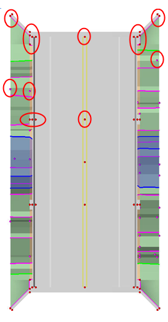 Top‑down view of bridge with circled survey shot locations around the deck perimeter and centerline.