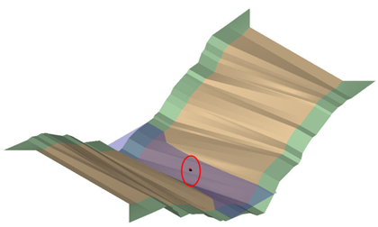 Terrain surface with a circled point marking the top‑of‑water shot on the stream.