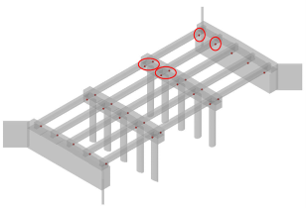 Bottom‑of‑beam view of bridge showing circled survey shot locations along several beams near abutments and piers.