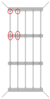 Top‑down beam layout showing circled survey shot locations on selected beams.