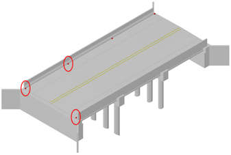 Bridge deck showing circled survey shots along both edges near the ends and over a pier.