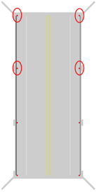 Top view showing circled deck‑edge shot locations on both sides.