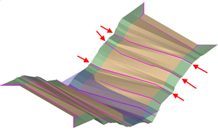Terrain surface with red arrows highlighting several breaklines along changes in slope.