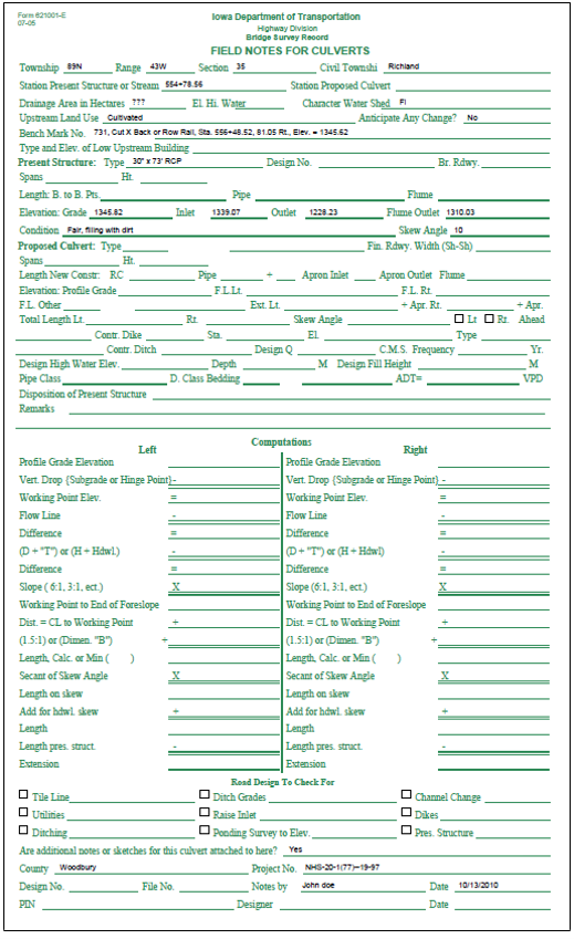 Form 621001‑E layout showing required fields for culvert field notes.