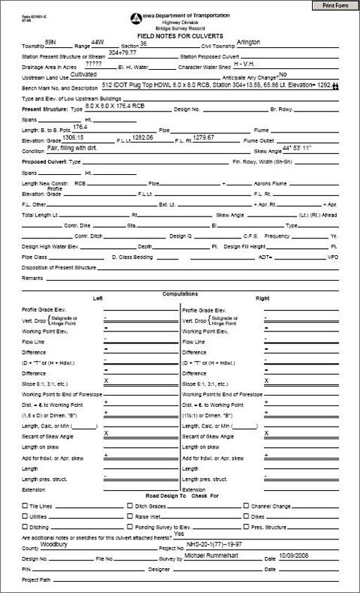 Form 621001‑E layout showing required fields for culvert field notes.