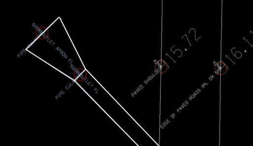 MicroStation view showing pipe and apron outlines with labeled survey shot points.