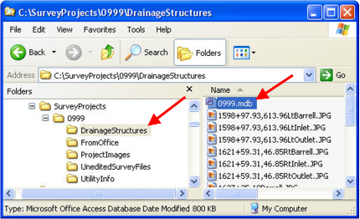 Windows Explorer showing the DrainageStructures folder with the database file renamed to 0999.mdb.