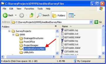 Windows Explorer showing the UneditedSurveyFiles folder highlighted with RAW and TXT files listed.