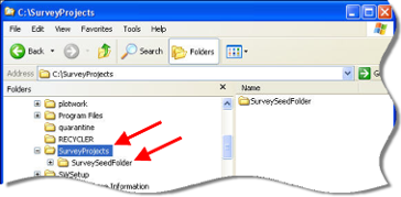 Windows Explorer showing SurveySeedFolder copied into the SurveyProjects folder.