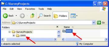 Windows Explorer showing SurveySeedFolder renamed to ‘0999’ in the SurveyProjects folder.
