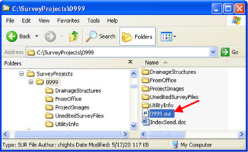Windows Explorer showing FieldSurvey.sur renamed to 0999.sur.