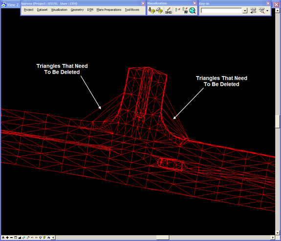 Field DTM view with highlighted TIN triangles marked as needing deletion.