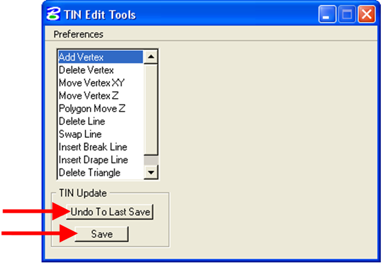 TIN Edit Tools dialog with Undo To Last Save and Save buttons indicated.