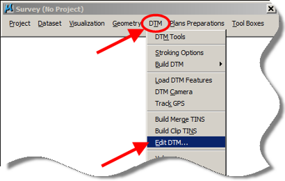 Survey menu showing DTM > Edit DTM selected.
