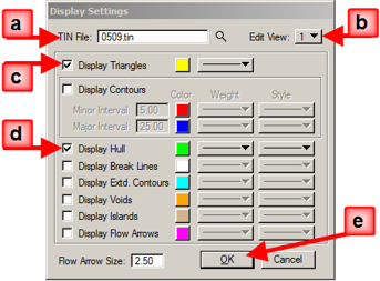 Display Settings dialog box with labeled fields and checkboxes for TIN setup.