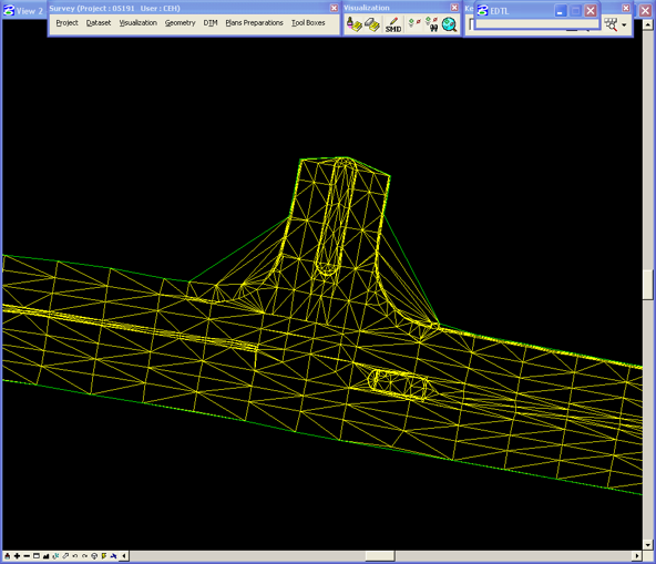 DTM view showing yellow triangles and green hull displayed for editing.