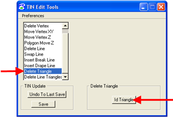 TIN Edit Tools dialog with Delete Triangle selected and the ID Triangle button indicated.