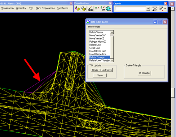 DTM view with a highlighted triangle and the TIN Edit Tools dialog visible.