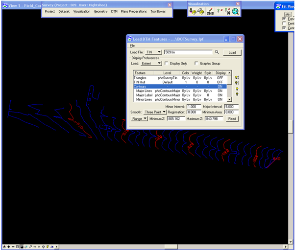 Field_Contours model displaying contour lines with Load DTM Features dialog open.