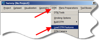 Survey toolbar showing DTM > Load DTM Features option.