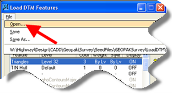 Load DTM Features dialog showing File > Open option.