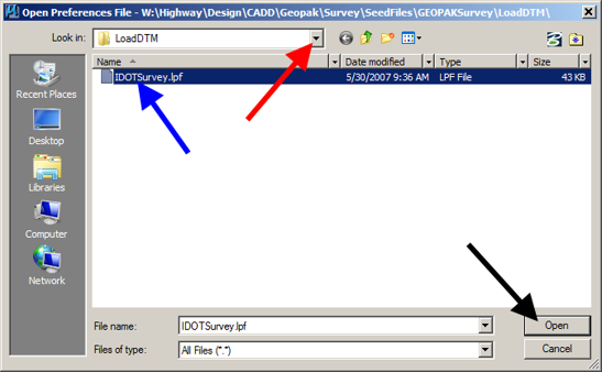 Open Preferences File dialog with IDOTSurvey.lpf selected and Open button highlighted.