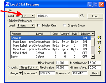 Load DTM Features dialog with Load File set to TIN.