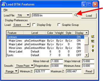 Load DTM Features dialog showing browse button for selecting TIN file.