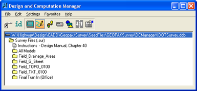 Main D&C Manager dialog displaying IDOTSurvey.ddb file and item list.