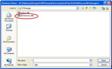File browser displaying IDOTSurvey.ddb selected.