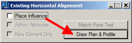 Existing Horizontal Alignment dialog with Draw Plan & Profile button highlighted.