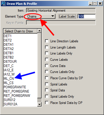 Draw Plan & Profile dialog with Element Type set to Chains and a chain name highlighted.