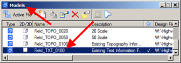 Models dialog with Field_TXT_0100 highlighted.
