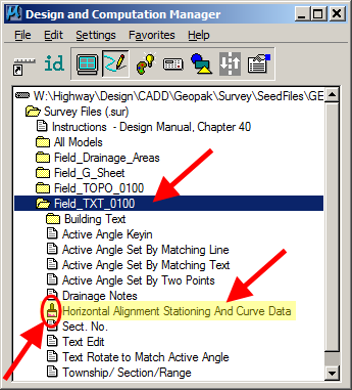 Field_TXT_0100 folder expanded with alignment stationing and curve data tool highlighted.